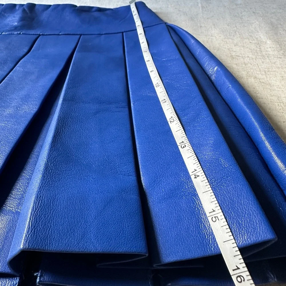 Alice + Olivia Emilie Vegan Leather Box Pleated Mini Skirt Size 6 | Royalty Blue - Picture 11 of 11